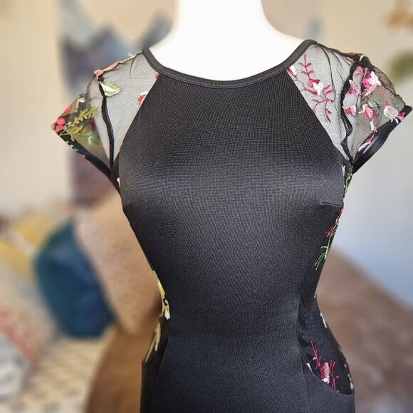 BCX Black Floral Bodycon Mini Dress - Size 5 Short Sleeve Party/Clubwear - Picture 6 of 13